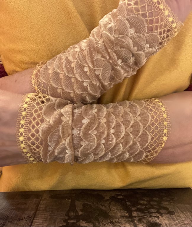 Gold colour mermaid scale look lace cuffs, long cuffs gold,costume wrist covers 