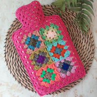 Crochet Hot Water Bottle Cover Granny Square Lipstick Pink