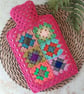Crochet Hot Water Bottle Cover Granny Square Lipstick Pink