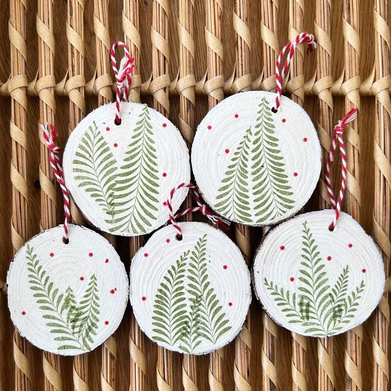 Wooden Christmas decorations - set of 5 decoupage ornaments - tree decorations