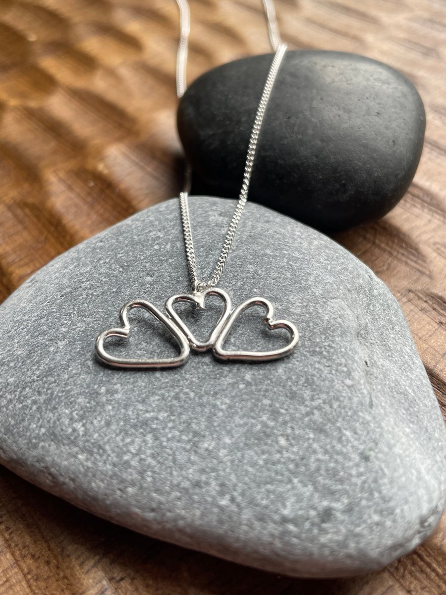 Triple heart pendant, three little hearts in sterling silver wire, handmade