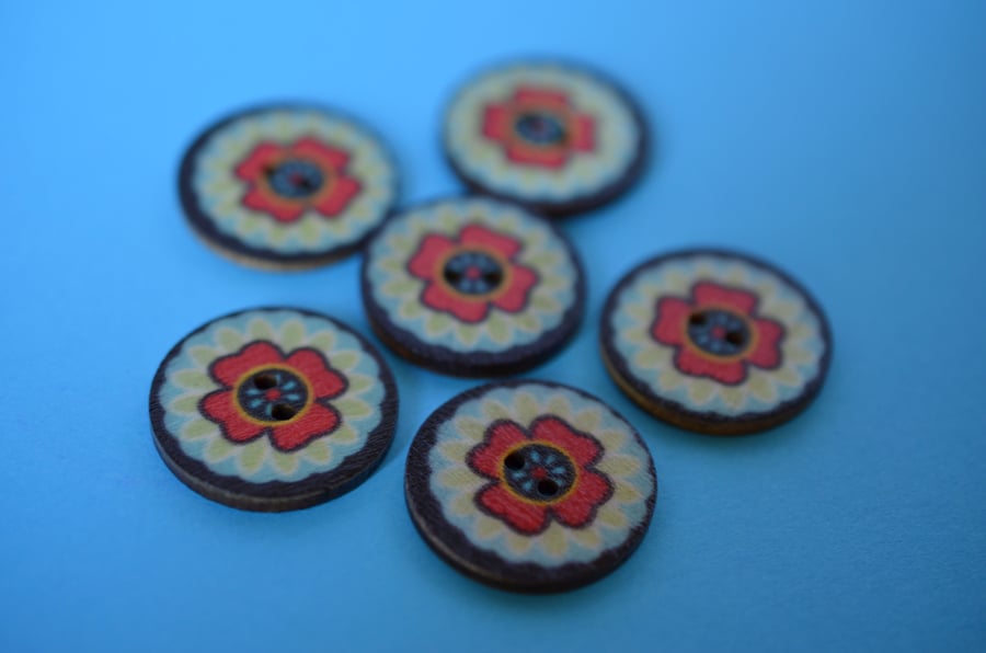 Wooden Mandala Patterned Buttons Red Black Green Blue Flower 6pk 25mm (M19)