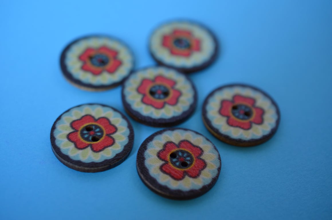 Wooden Mandala Patterned Buttons Red Black Green Blue Flower 6pk 25mm (M19)