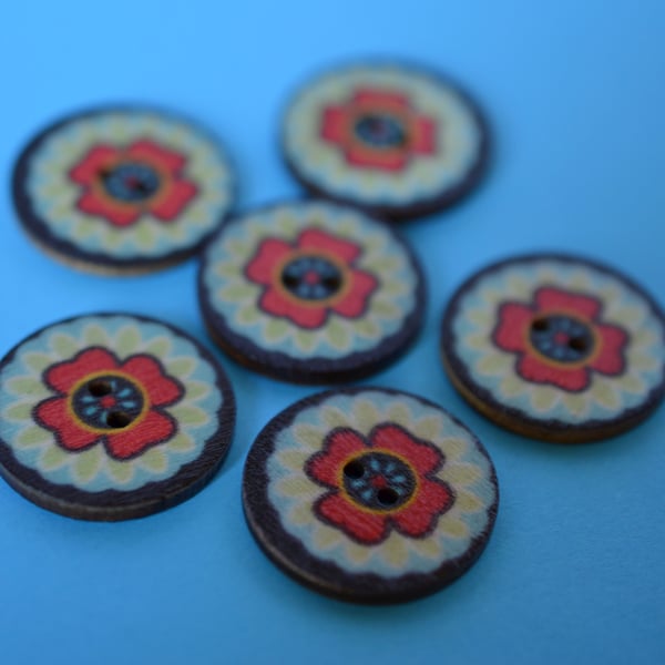 Wooden Mandala Patterned Buttons Red Black Green Blue Flower 6pk 25mm (M19)