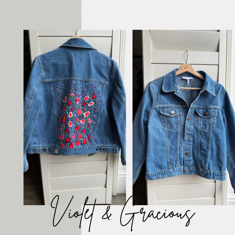 Reworked Floral Denim Jacket . Jewelled Jacket . Flowers . Embroidery . Size 14