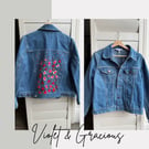Reworked Floral Denim Jacket . Jewelled Jacket . Flowers . Embroidery . Size 14