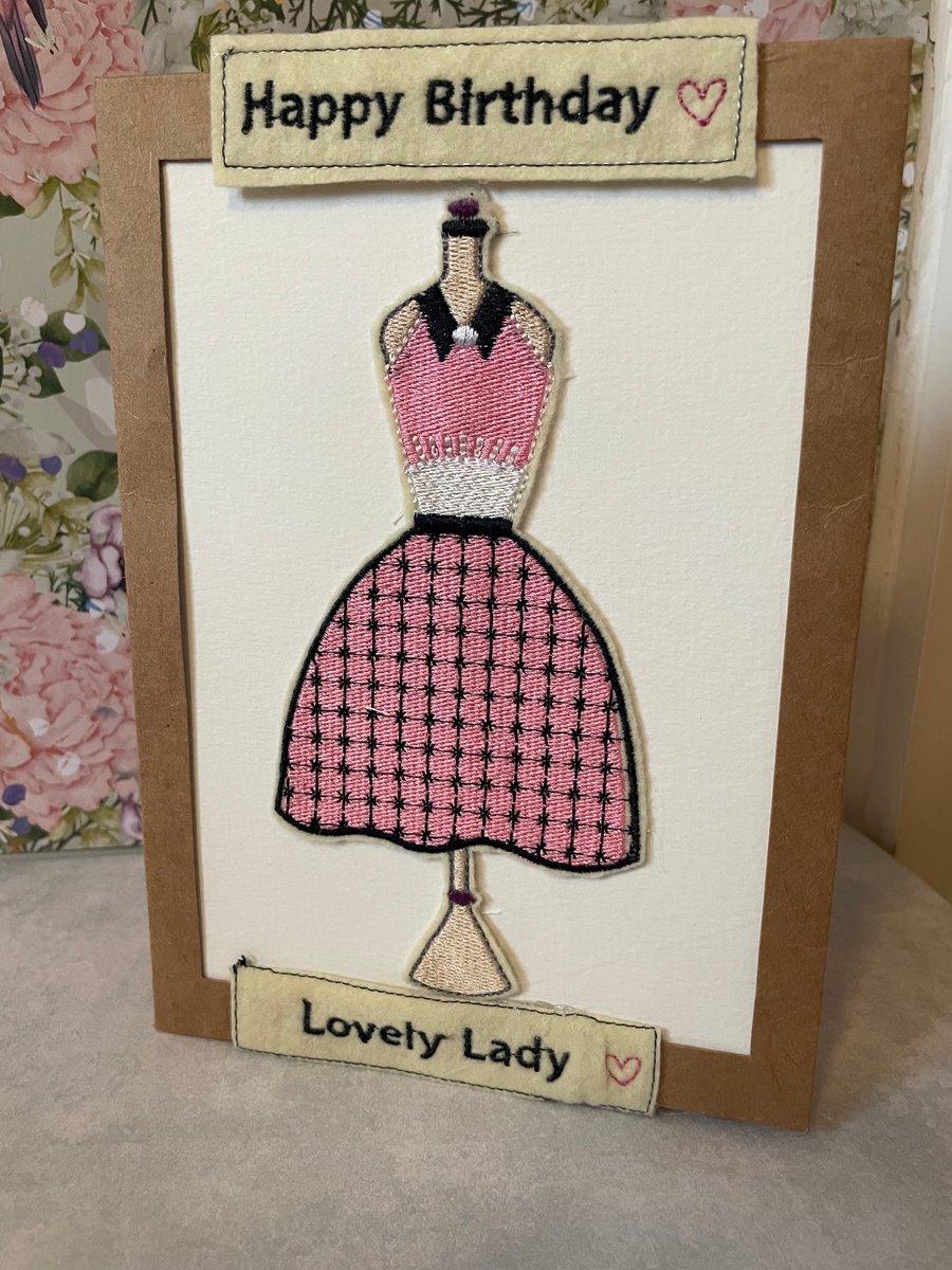 Handmade embroidered greetings card 1950s fashion 