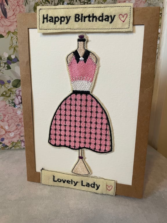 Handmade embroidered greetings card 1950s fashion 