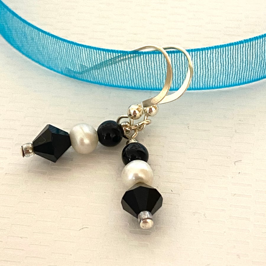 Black White Pearl Drop Earrings - silver, glass, Swarovski© Elements