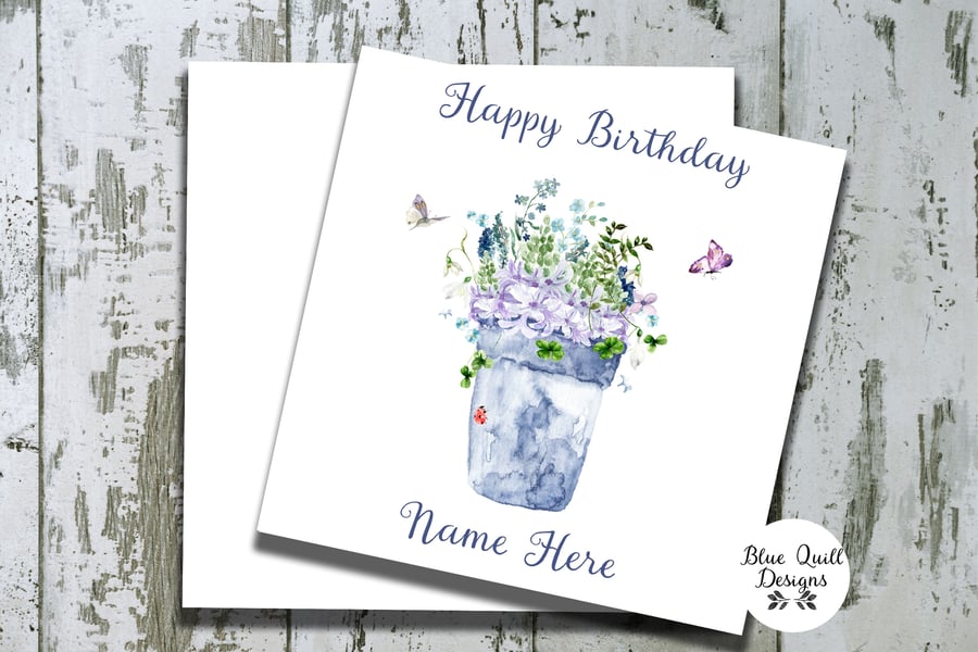 Blue Flower Pot Garden Themed Watercolour Print Personalised Birthday Card