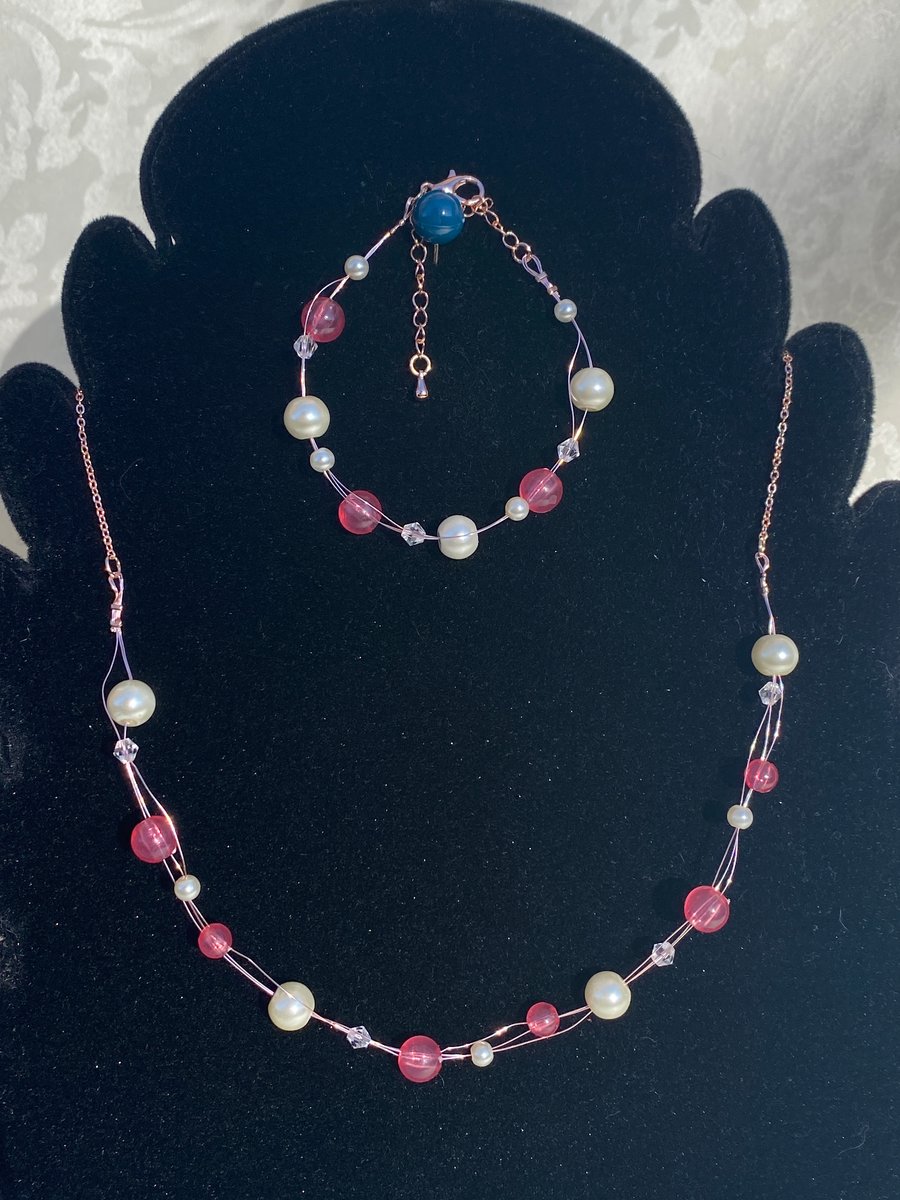 Pink Beads & Faux Pearls Rose Gold Coloured Floating Necklace & Bracelet Set