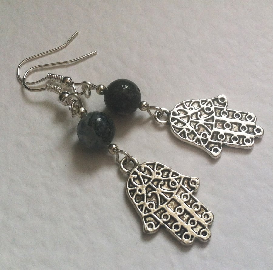 Silver Plate Green Moss Agate Hamsa Hand of Fatima Earrings Jewish Islam New Age