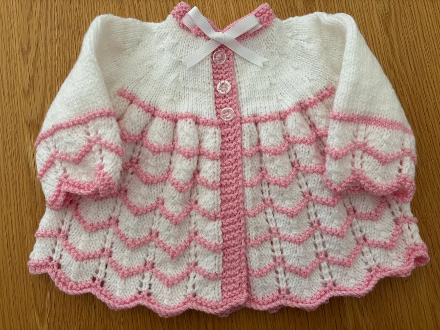 Hand Knitted Pretty White And Pink Jacket For Baby 3 - 6 Months (J56)