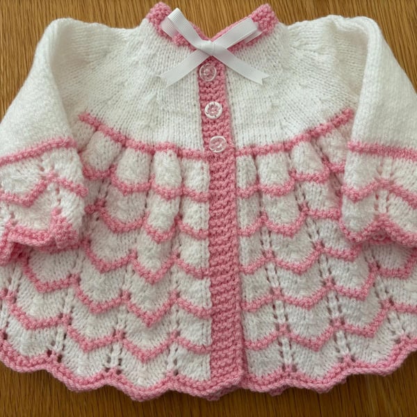 Hand Knitted Pretty White And Pink Jacket For Baby 3 - 6 Months (J56)