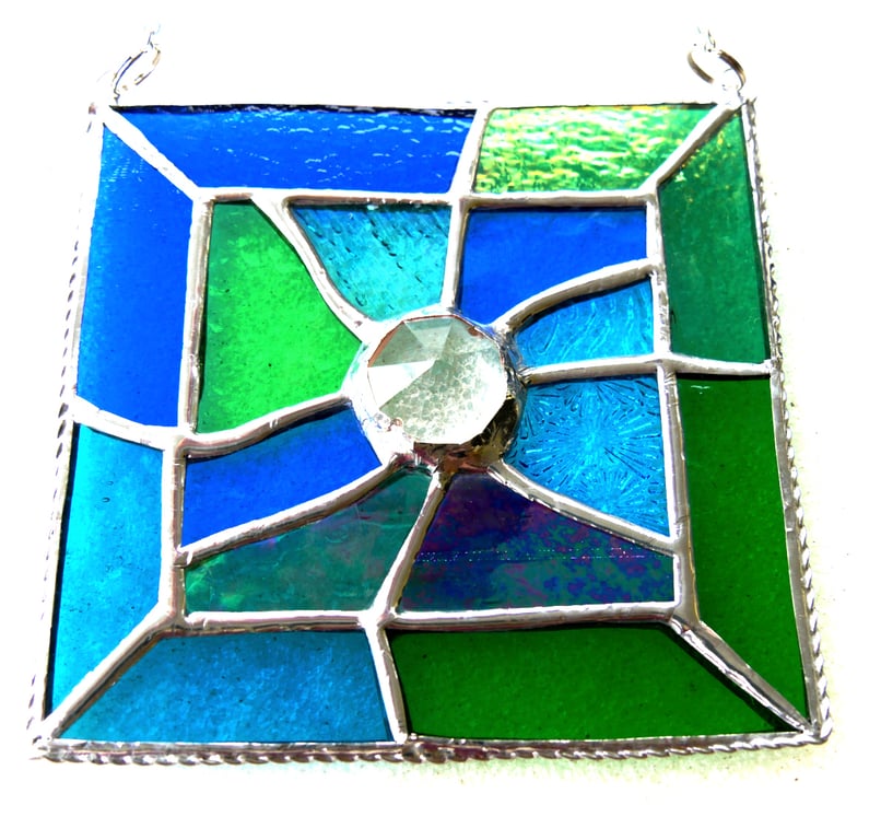 Jigsaw Suncatcher Stained Glass Handmade Sea Colours Abstract