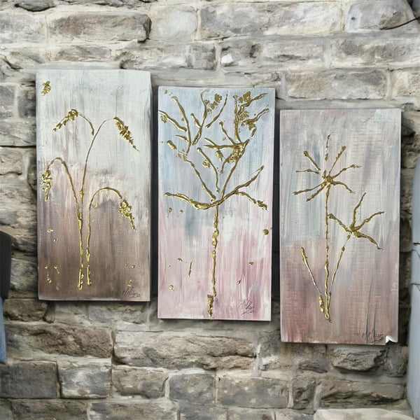 Gold Leaf Wooden Panel Paintings Set x 3 - 30cm x 1cm x 15cm, Handpainted