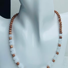 Cloudy White Glass & Rosewood Bead Necklace with Sterling Silver Detail