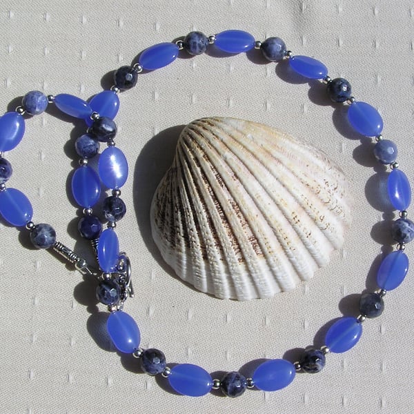 Blue Jade & Blue Sodalite Gemstone Statement Beaded Necklace "Azul Dayz"
