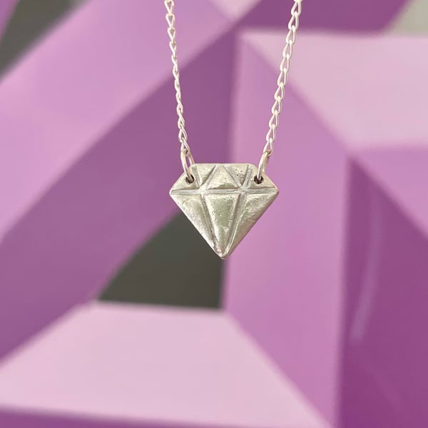 Silver diamond-shaped pendant necklace, 999 fine silver on sterling silver chain