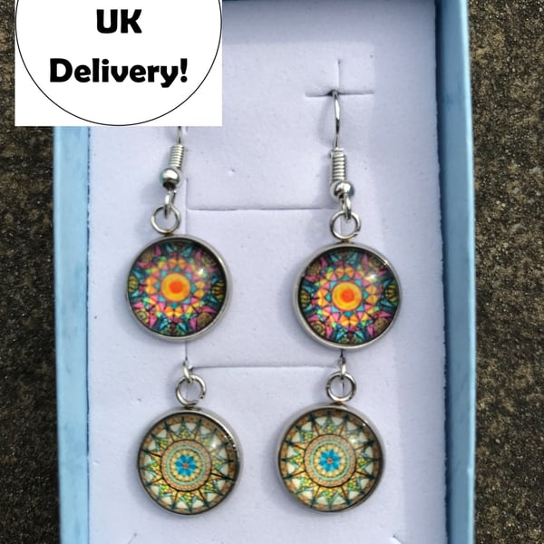 Glass Mosaic Effect Drop Earrings - 2 pairs - Mixed