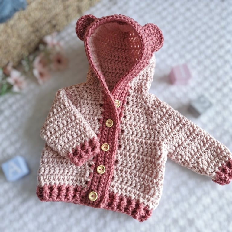 Crochet Teddy Bear Baby Cardigan with Hood – New Baby Gift