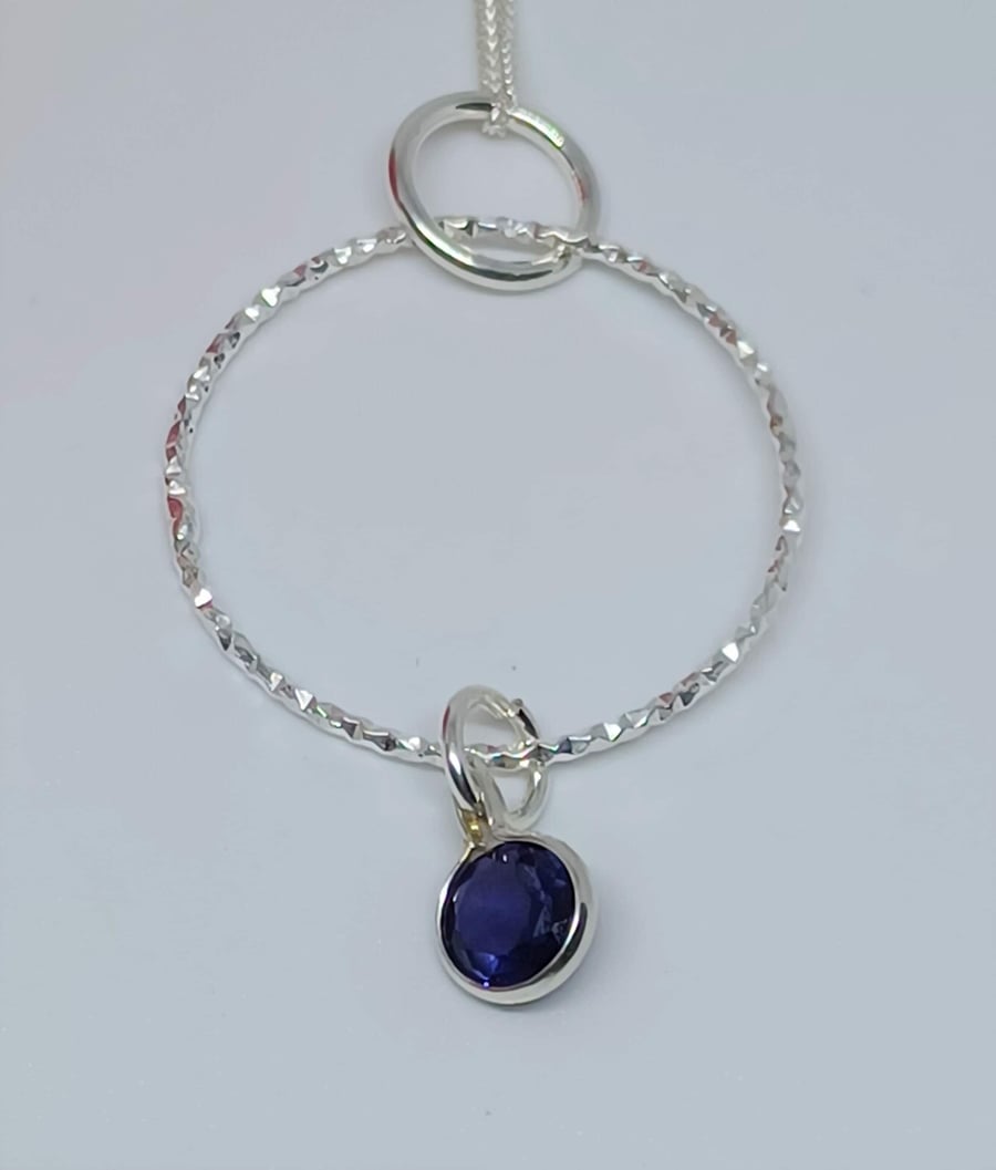 Iolite Faceted Gemstone Drop Pendant, Sterling Silver Pendant, Textured Silver P