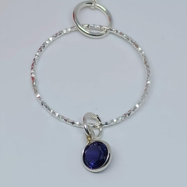 Iolite Faceted Gemstone Drop Pendant, Sterling Silver Pendant, Textured Silver P