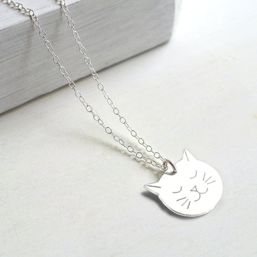 Personalised Sterling Silver Cat Face Necklace, cat necklace