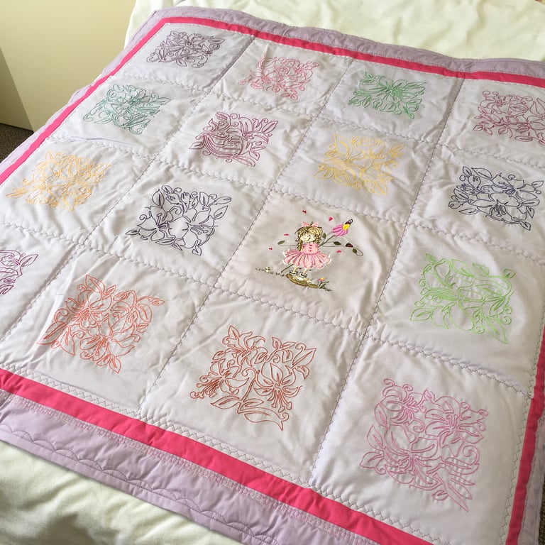 Single Bed or Lap Quilt. Floral Stitching Designs, Gift for Lady or Young Girl.