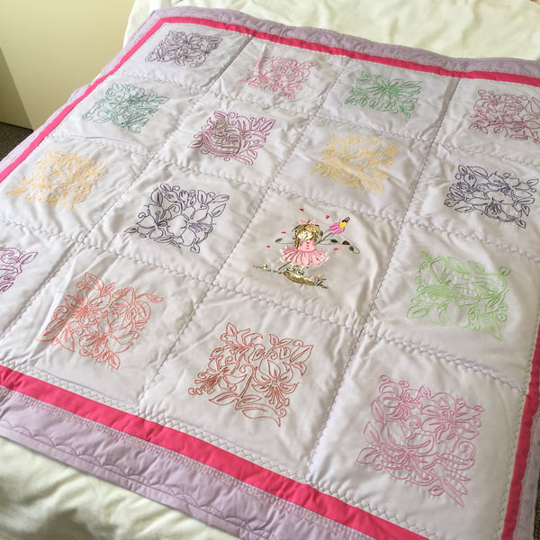 Single Bed or Lap Quilt. Floral Stitching Designs, Gift for Lady or Young Girl.