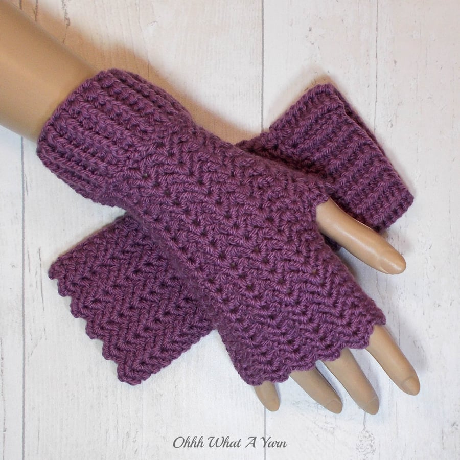 Grape, mauve ladies crochet gloves, finger less gloves.  