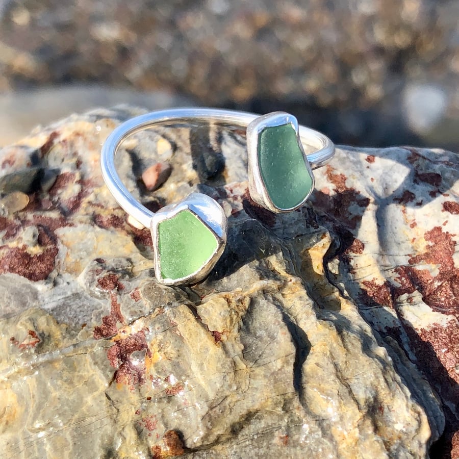 Pale Aqua & Seafoam Sea Glass and Sterling Silver Spiral Adjustable Ring - 1237