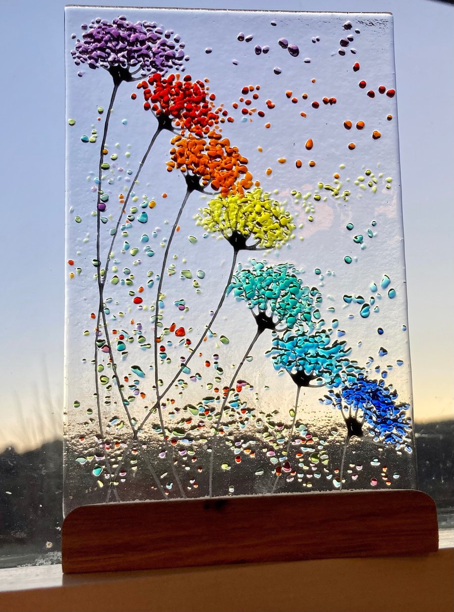 Whimsical Bright Rainbow Flowers fused glass Art Picture Sun Catcher & Wooden Di