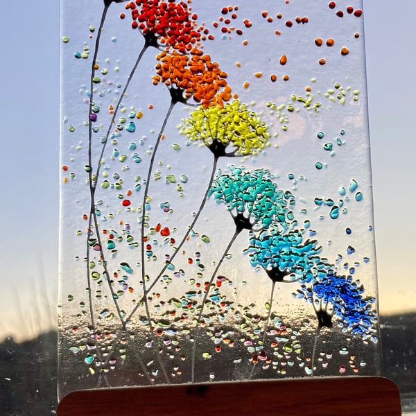 Whimsical Bright Rainbow Flowers fused glass Art Picture Sun Catcher & Wooden Di