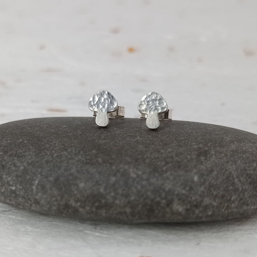 Recycled sterling silver mushroom studs earrings – gift for a forager