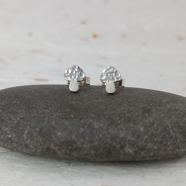 Recycled sterling silver mushroom studs earrings – gift for a forager