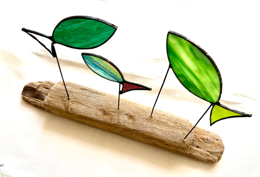 Stained glass Family of Fish on driftwood, Standing wildlife art, Glass art 