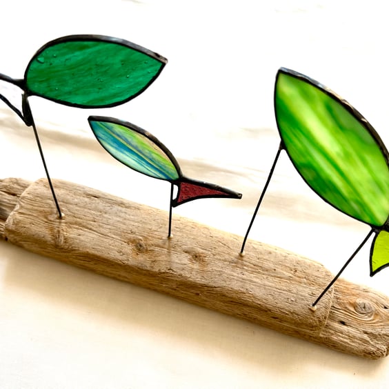 Stained glass Family of Fish on driftwood, Standing wildlife art, Glass art 