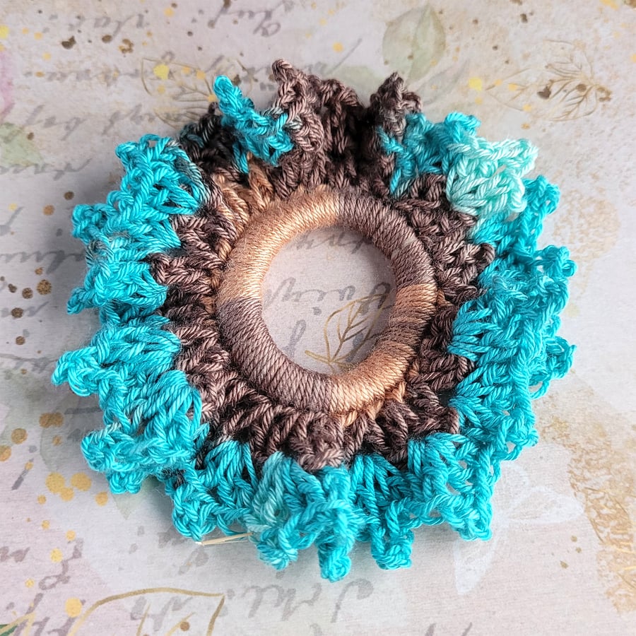 Medium Hair Scrunchie, hand crocheted in soft microfibre yarn, Turquoise Multi
