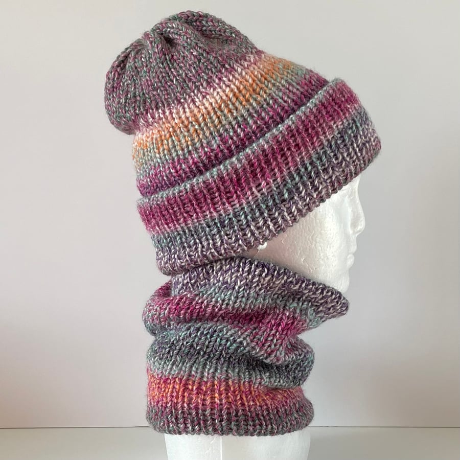 Multicoloured Winter Hat and Neck Warmer Gift Set, Double Layered 