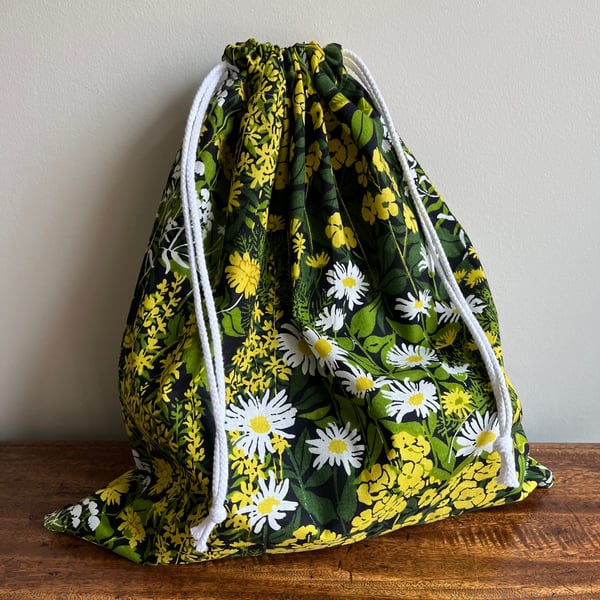 Vintage floral cotton drawstring bag project bag travel laundry bag
