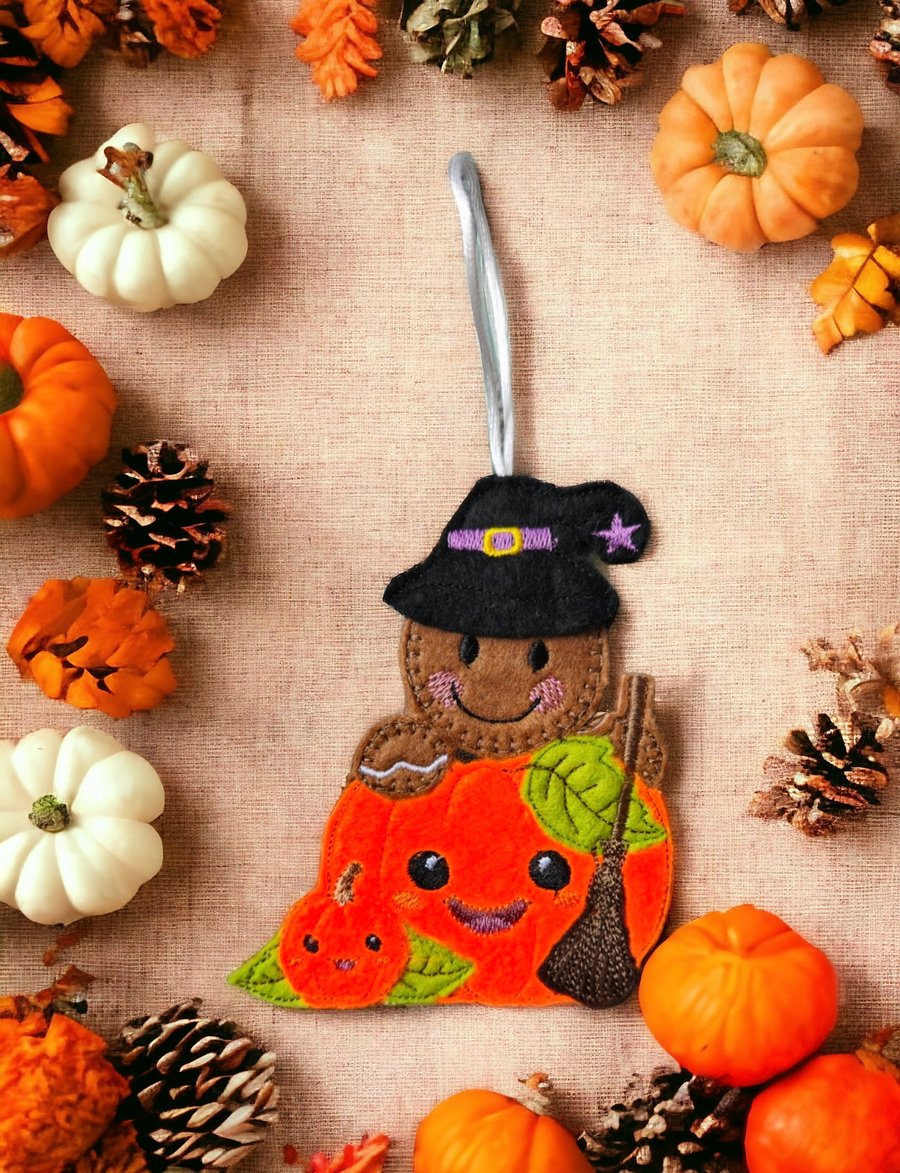 Witch, pumpkin Gingerbread Embroidered Hanging Keepsake, Halloween 