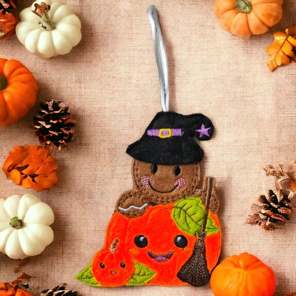 Witch, pumpkin Gingerbread Embroidered Hanging Keepsake, Halloween 