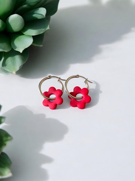 Fire Red Flower Hoop Earrings