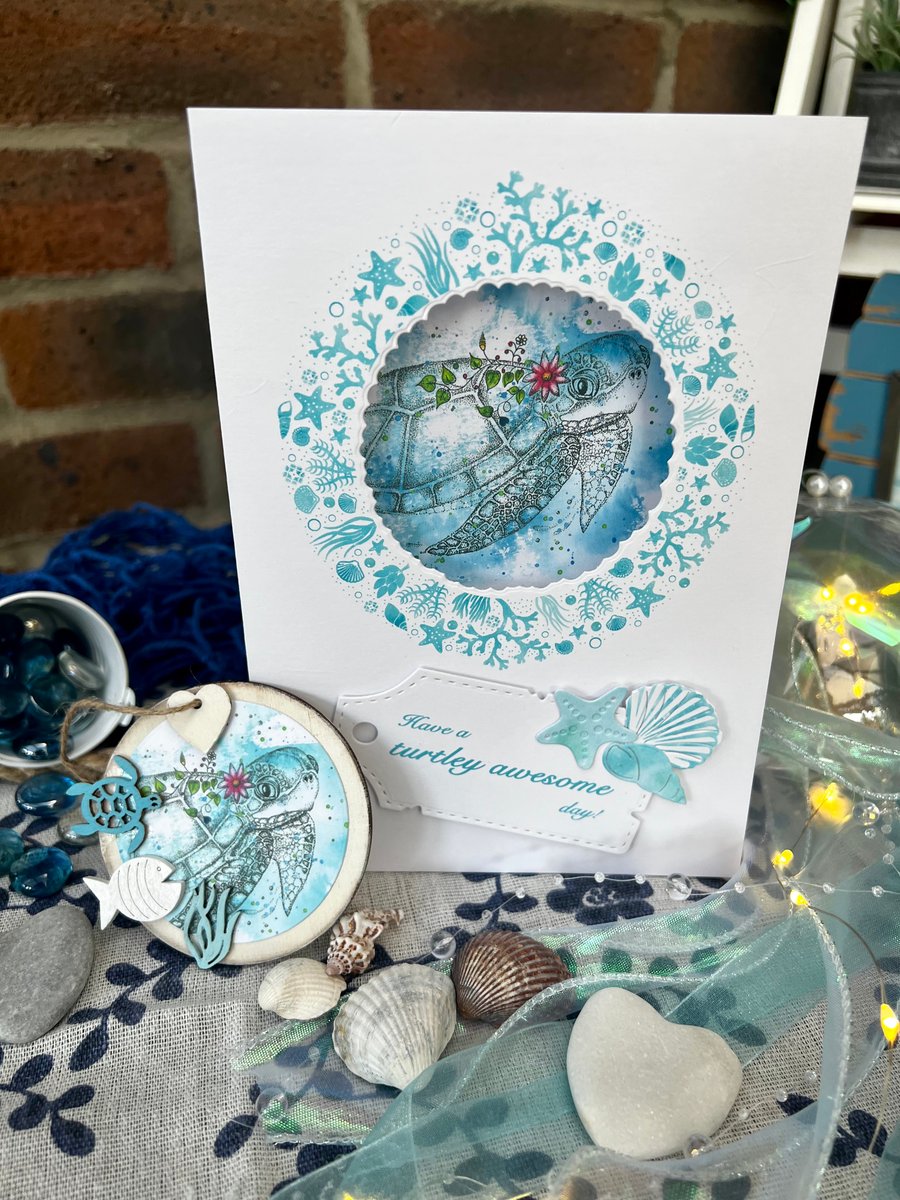 Birthday card & wooden craft decoration gift of a illustrated turtle