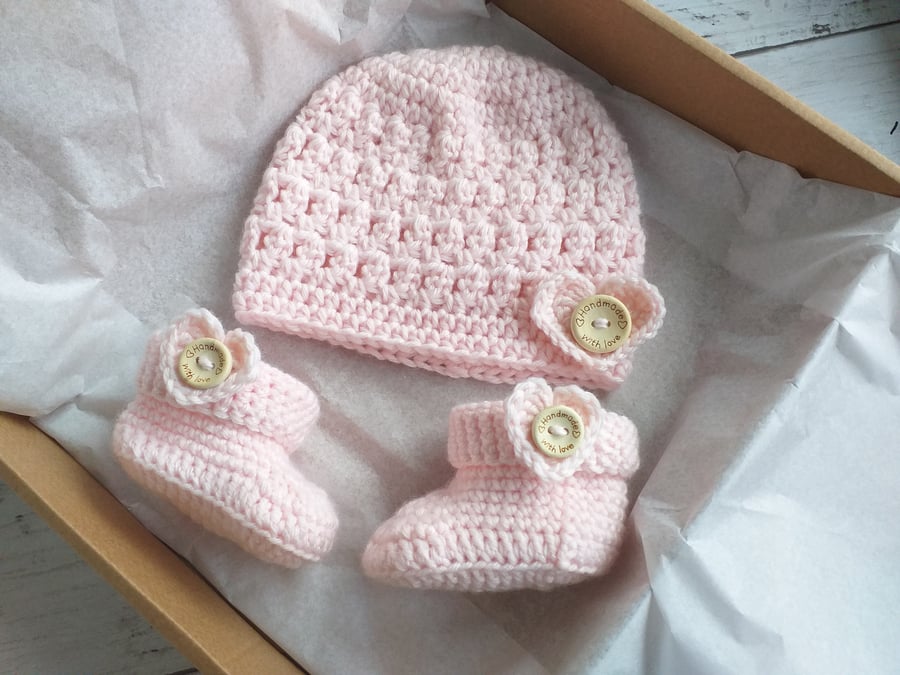 Pink Crochet Baby Beanie and Matching Booties