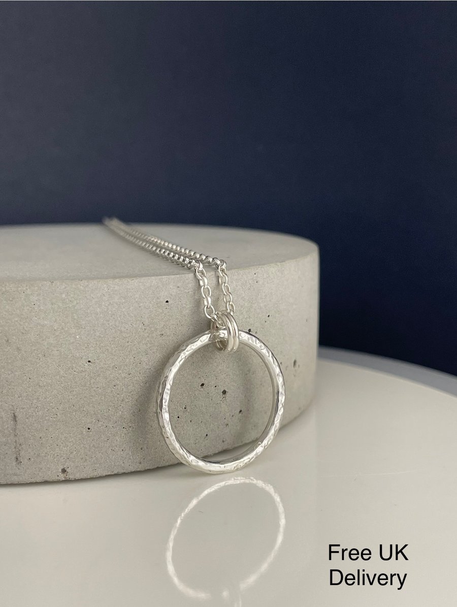Sterling Silver Circle Pendant Necklace - Hammered-Sparkly Textured 16-24 Inches