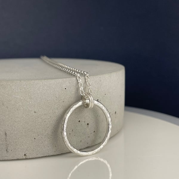 Sterling Silver Circle Pendant Necklace - Hammered-Sparkly Textured 16-24 Inches