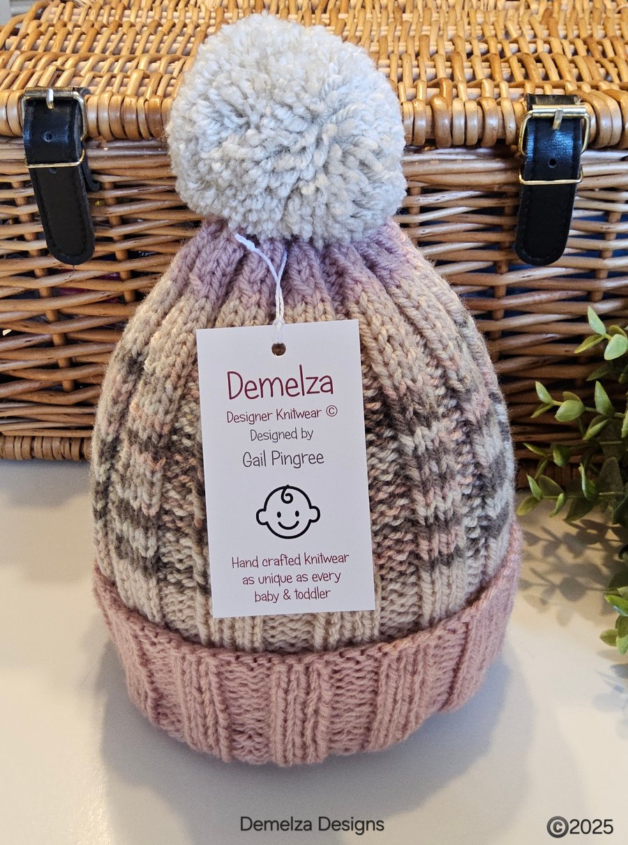 Designer Hand Knitted Girl's Ribbed Large Pom Pom Beanie Hat 2-3 Years size