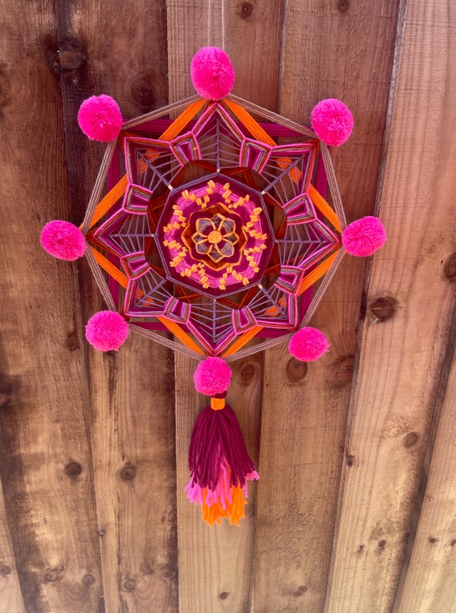 Large pink and orange Ojo de Dios mandala dreamcatcher 